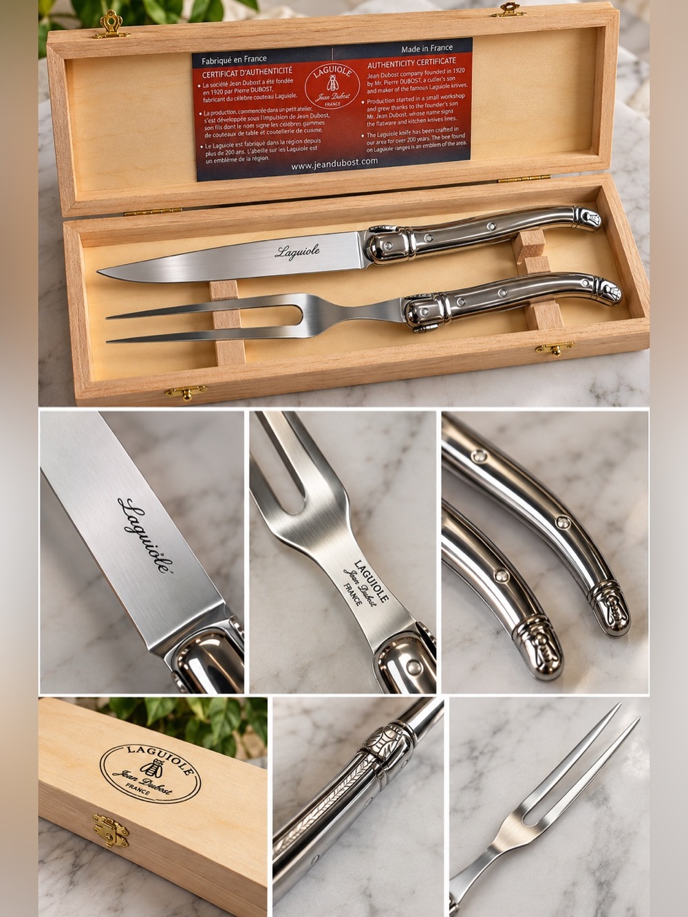 Jean Dubost Laguiole 2-Piece Carving Knife Fork Set France Stainless Steel